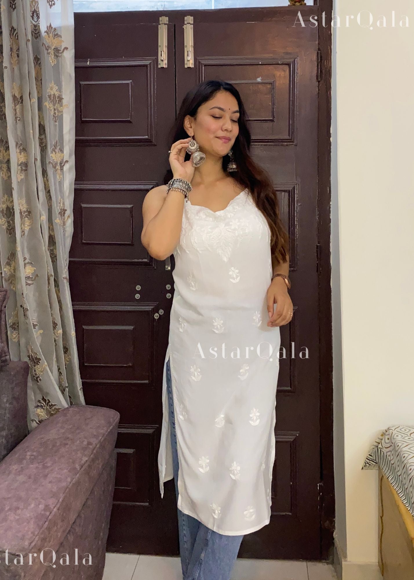 Kinza Premium Muslin Chikankari Strap Kurti - White