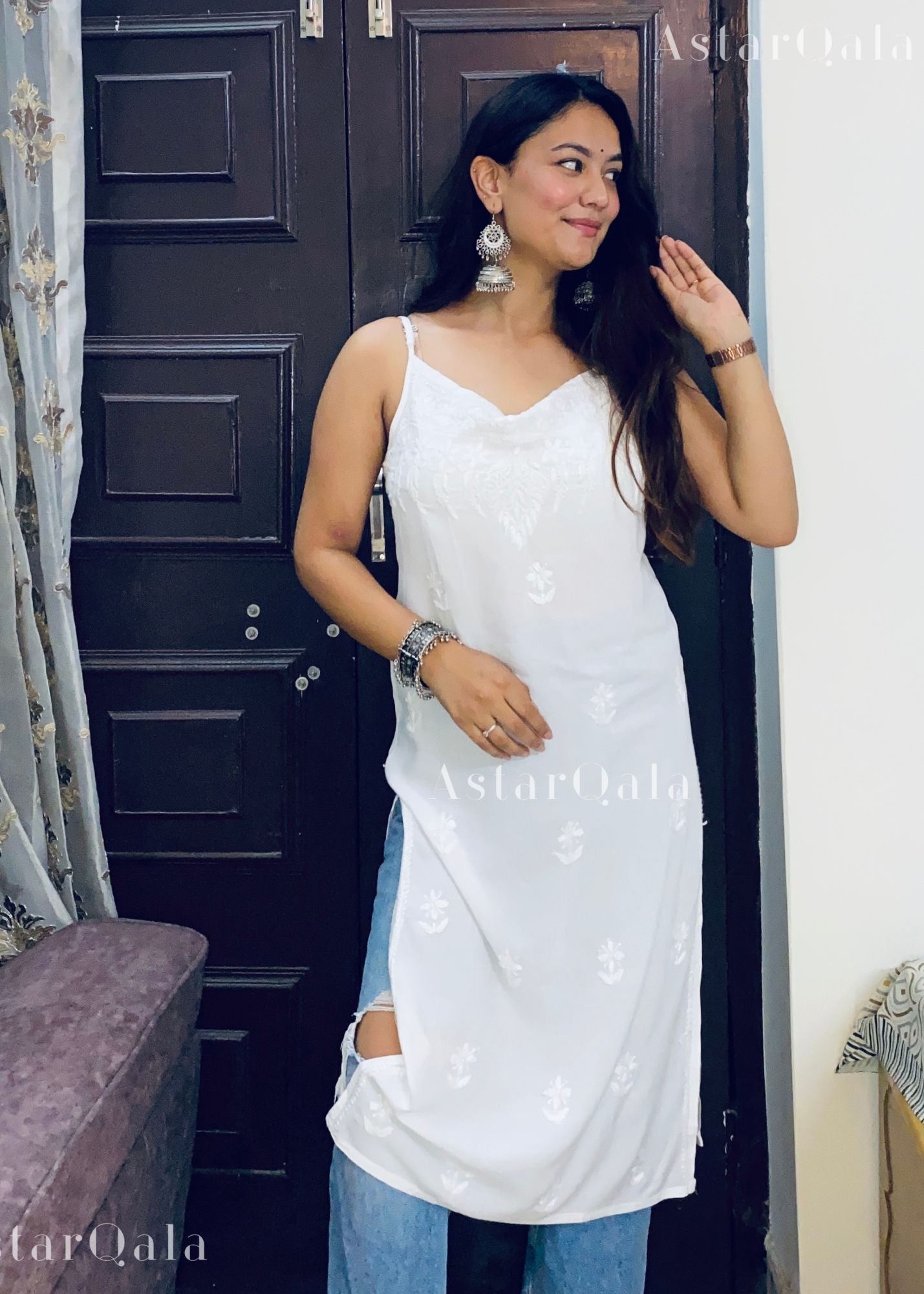Kinza Premium Muslin Chikankari Strap Kurti - White