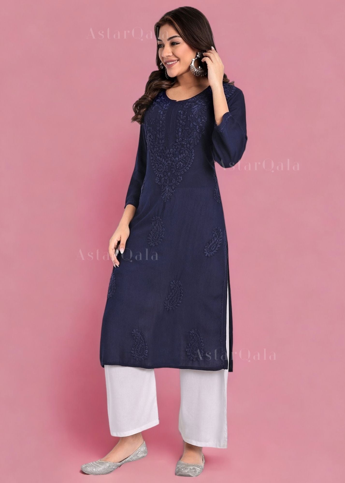 AstarQala - Safina Rayon Cotton Chikankari Solid Women's Long Kurta - - Safina_Rayon_Cotton_Chikankari_Solid_Women_s_Long_Kurta_AstarQala_blue_1