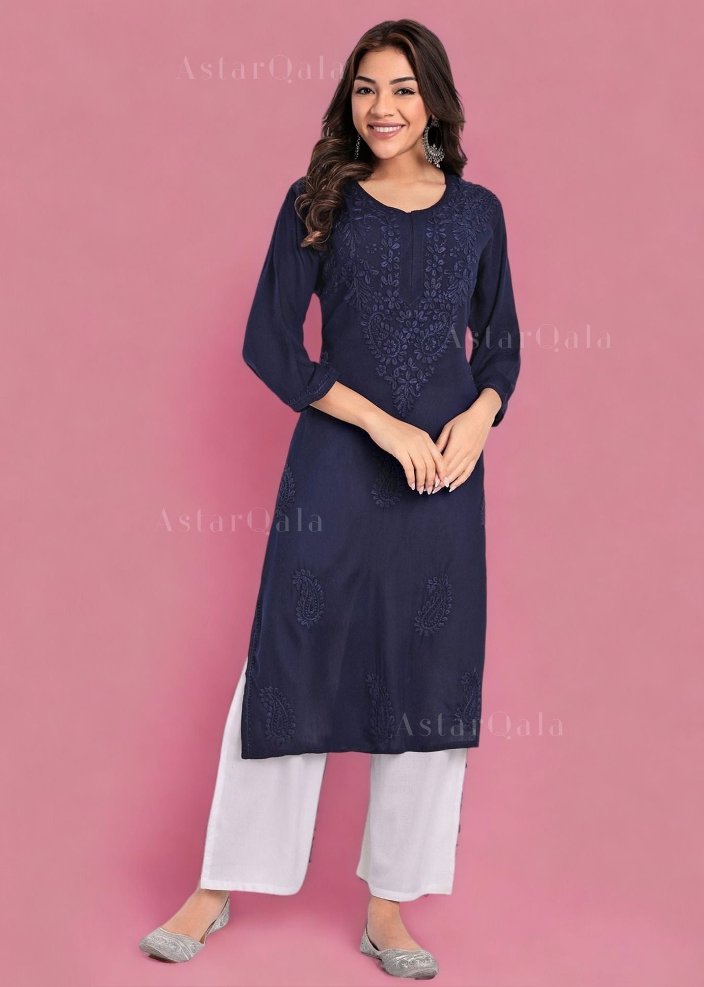 AstarQala - Safina Rayon Cotton Chikankari Solid Women&#39;s Long Kurta - - Safina_Rayon_Cotton_Chikankari_Solid_Women_s_Long_Kurta_AstarQala_blue_2