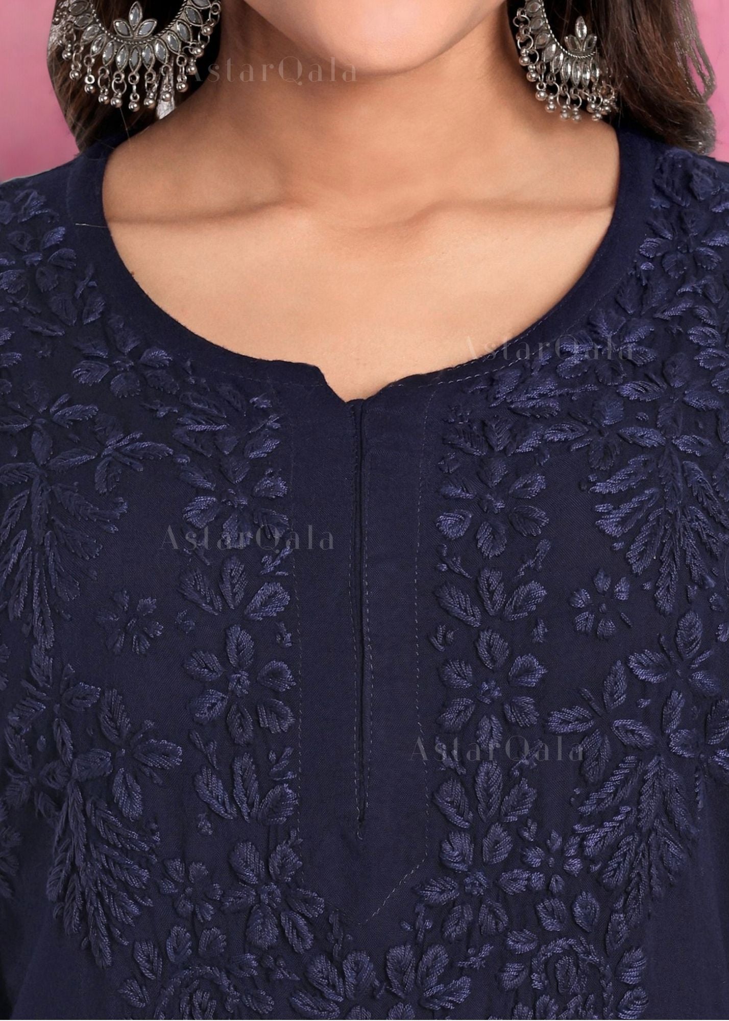 AstarQala - Safina Rayon Cotton Chikankari Solid Women&#39;s Long Kurta - - Safina_Rayon_Cotton_Chikankari_Solid_Women_s_Long_Kurta_AstarQala_blue_4