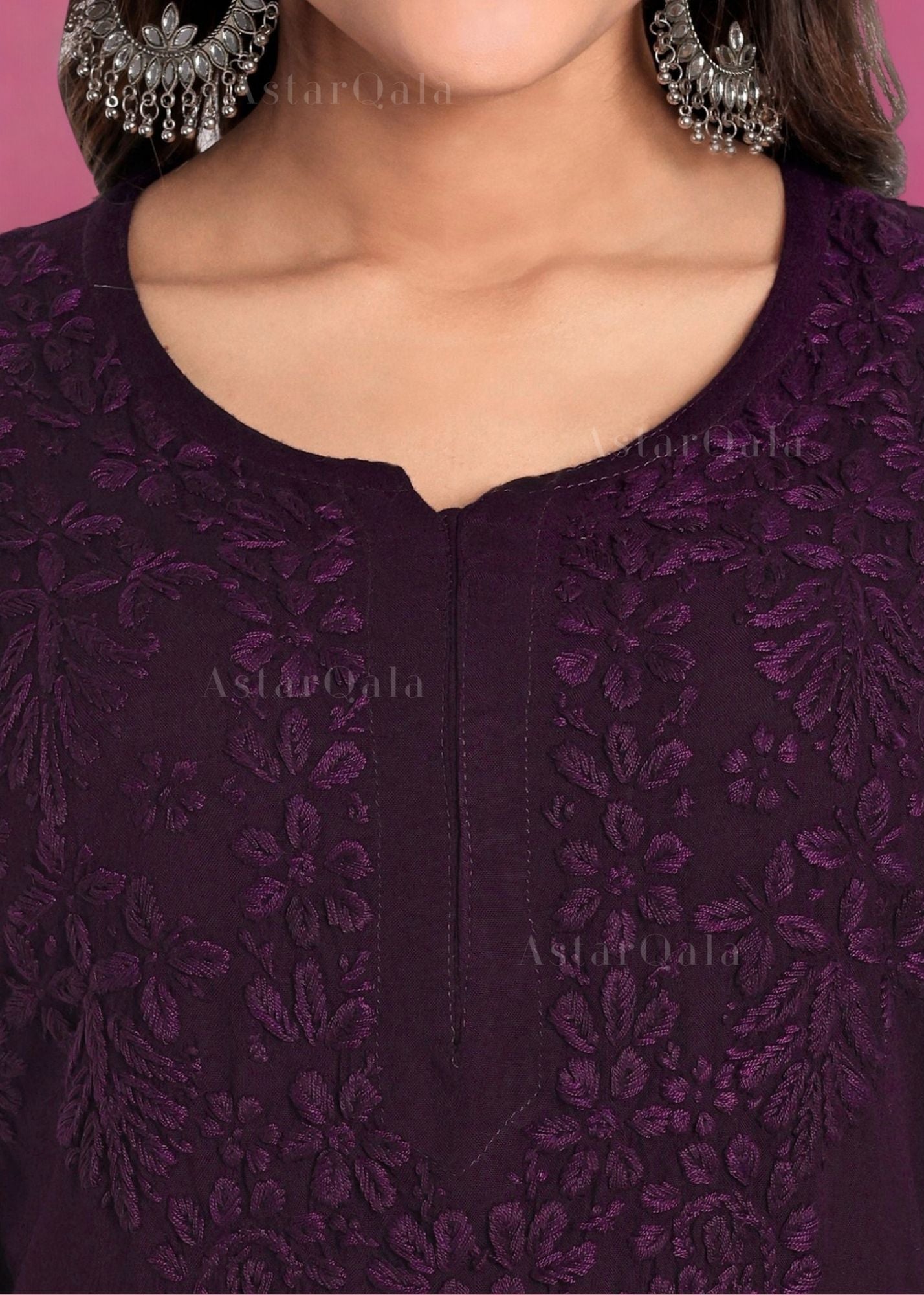 AstarQala - Safina Rayon Cotton Chikankari Solid Women&#39;s Long Kurta - - Safina_Rayon_Cotton_Chikankari_Solid_Women_s_Long_Kurta_AstarQala_wine_5