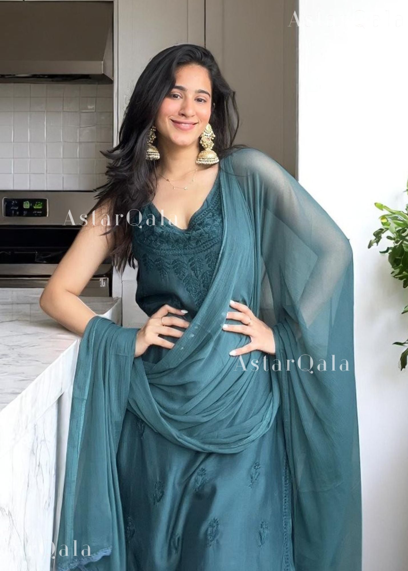 Kinza Premium Muslin Chikankari Strap Kurti - Clan Green