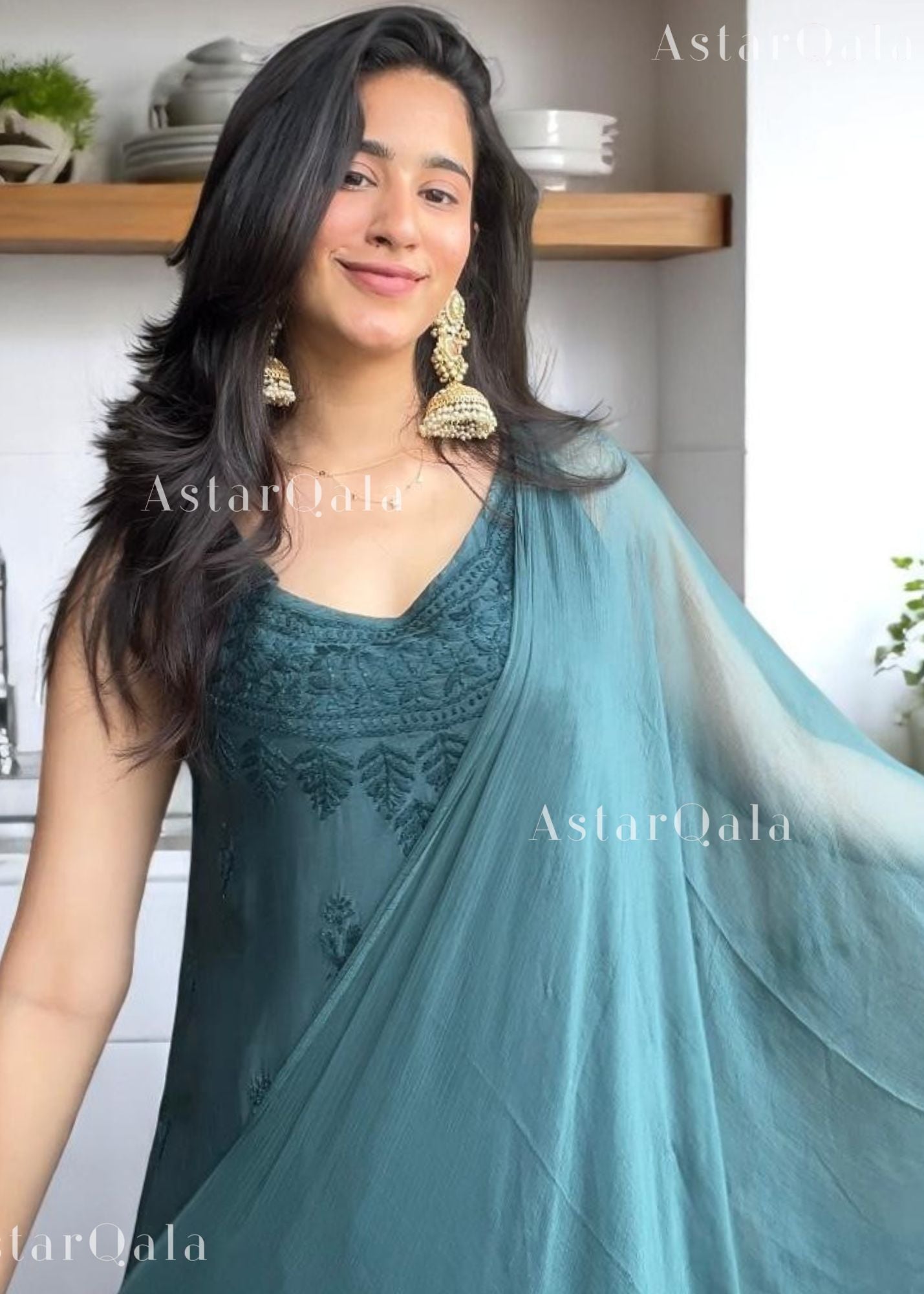 Kinza Premium Muslin Chikankari Strap Kurti - Clan Green
