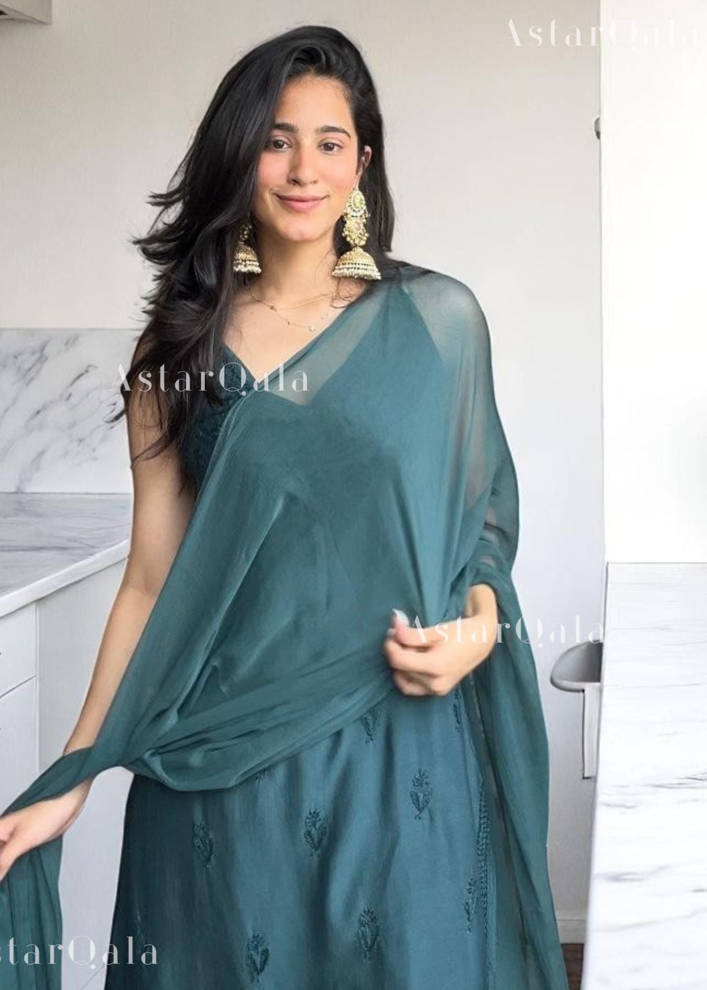 Kinza Premium Muslin Chikankari Strap Kurti - Clan Green