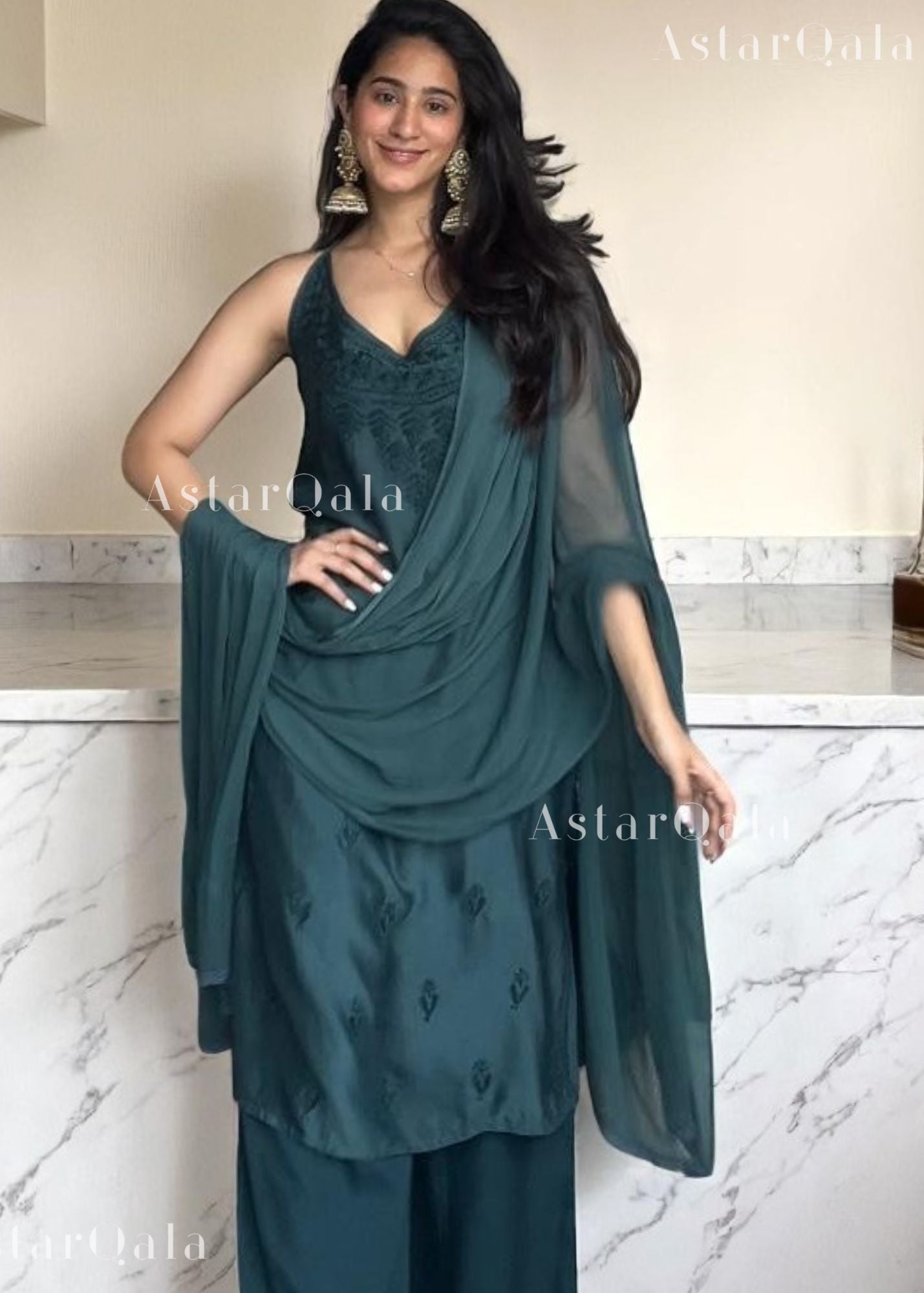 Kinza Premium Muslin Chikankari Strap Kurti - Clan Green