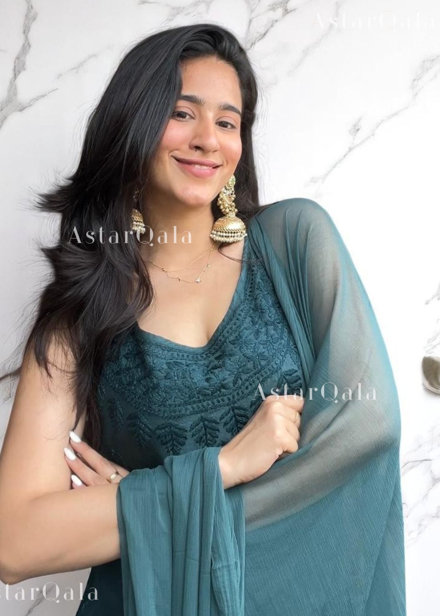 Kinza Premium Muslin Chikankari Strap Kurti - Clan Green