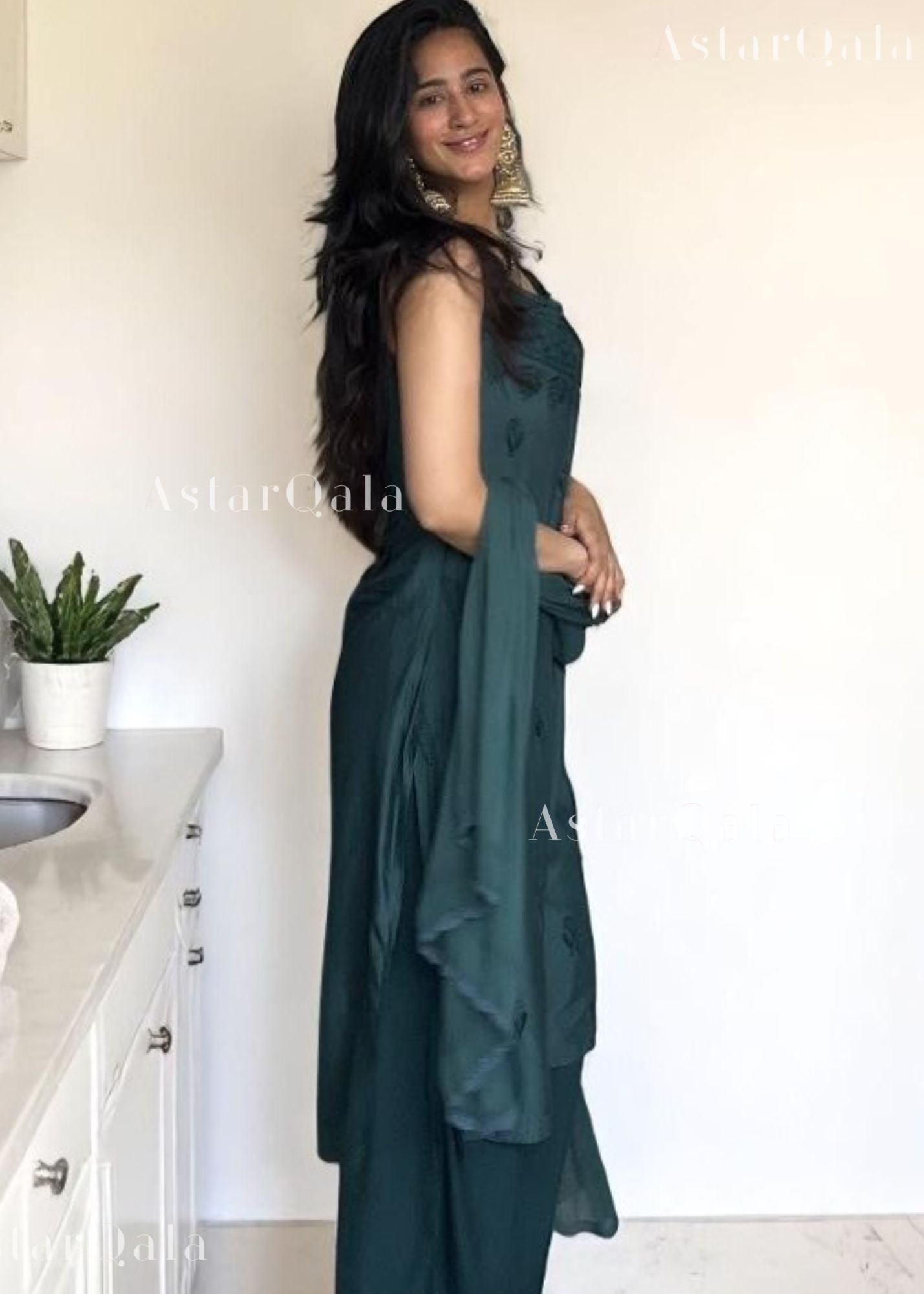 Kinza Premium Muslin Chikankari Strap Kurti - Clan Green