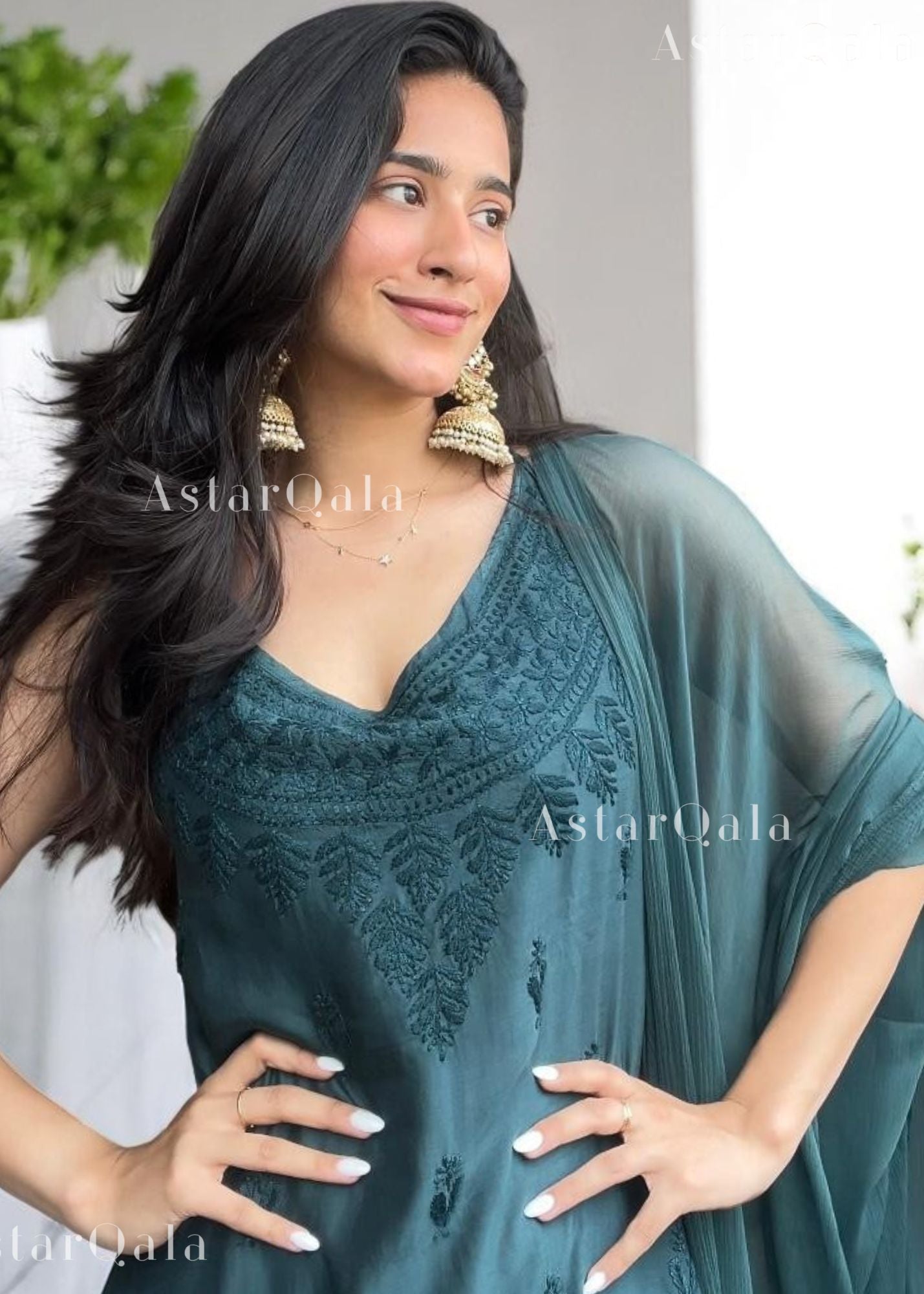 Kinza Premium Muslin Chikankari Strap Kurti - Clan Green
