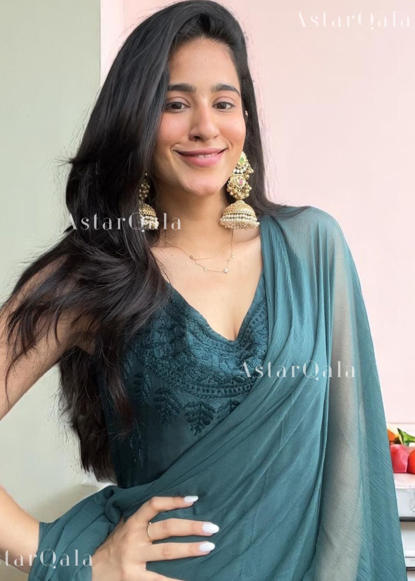 Kinza Premium Muslin Chikankari Strap Kurti - Clan Green