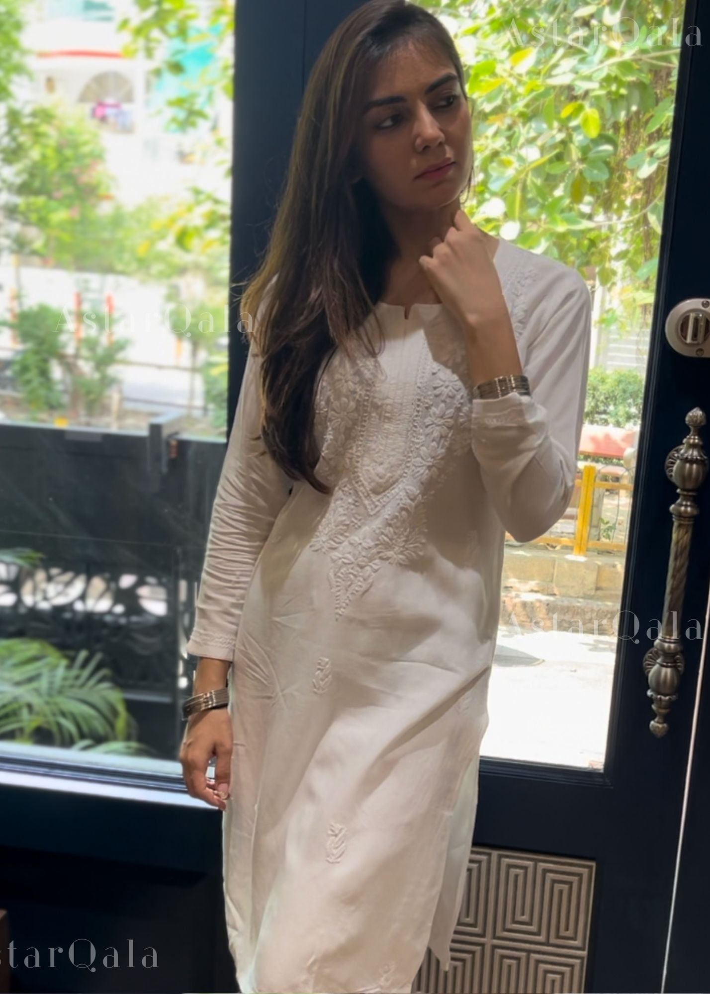 AstarQala - Razia Rayon Straight Chikankari Kurta For Women - White - White - gazala_Rayon_Straight_Chikankari_Kurta_For_Women_-white_1