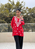 AstarQala Short Kurta Red / XS Hamna Rayon Chikankari Straight Short Kurta For Women