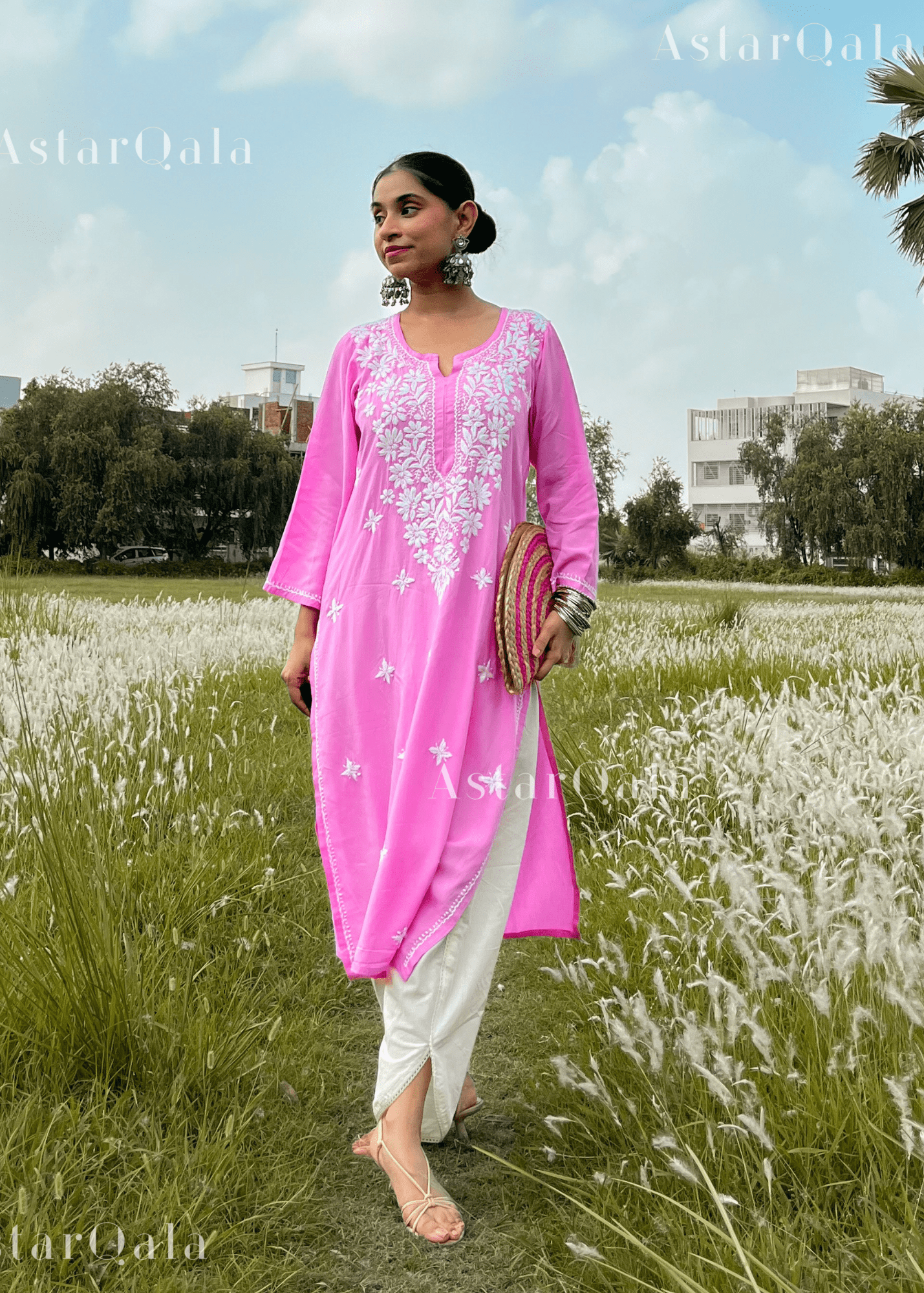 AstarQala Kurtas Pink / S Sehar Rayon Straight Chikankari Kurta