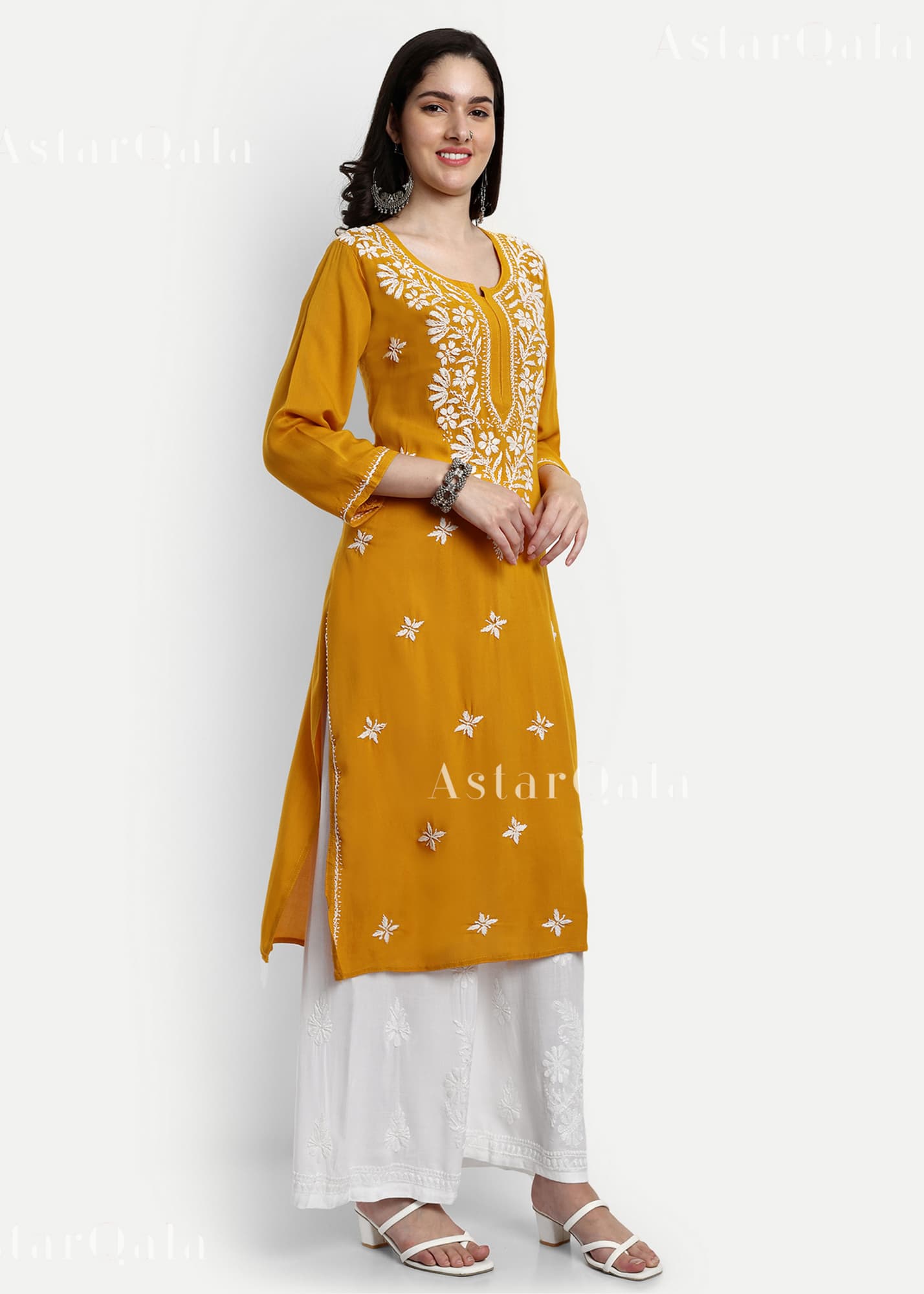 AstarQala - Sehar Rayon Straight Chikankari Kurta For Women - - sehar-rayon-straight-chikankari-kurta-astarqala-yellow-s-42570230235426