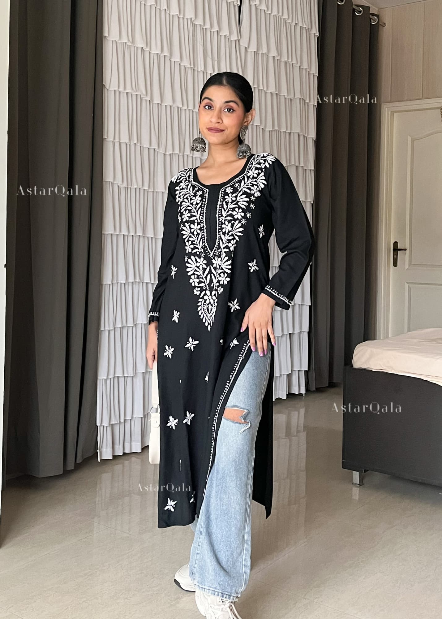 AstarQala - Sehar Rayon Straight Chikankari Kurta For Women - - sehar-rayon-straight-chikankari-kurta-for-women-astarqala-black-s-43568263463202