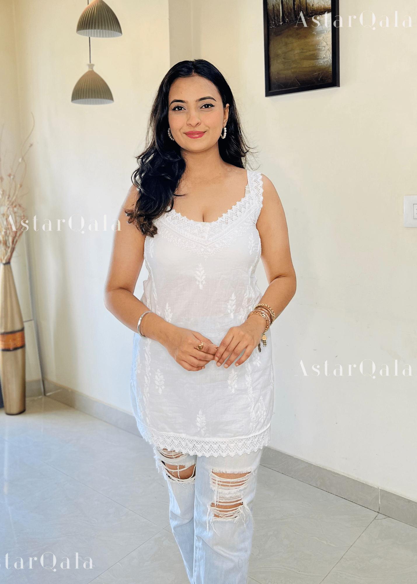 AstarQala - Simran Cotton Chikankari Sleeveless Kurta Top For Women - - simran-cotton-chikankari-sleeveless-kurta-top-astarqala-42016112673058